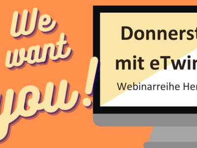 Bildschirm mit Schriftzug Donnerstags mit eTwinning und We want you