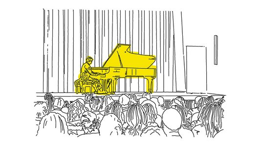 Drawing of a piano player playing in front of an audience. The piano player is highlighted in yellow, while everything else is black and white.