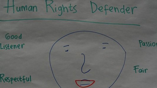 Flip chart with a drawing of a stick man underneath a heading saying "human rights defender"