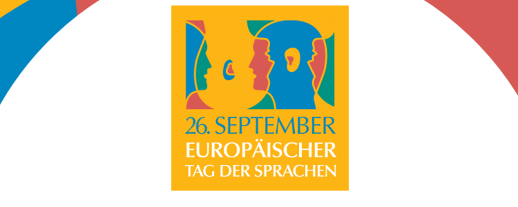 Logo des Europäischen Tag der Sprachen auf dem man die Kontur von zwei zueinander gedrehten Köpfen sieht, die miteinander sprachen. Darunter steht geschrieben "Machen Sie mit beim Europäischen Tag der Sprachen!"