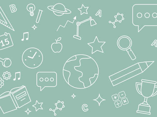 Verschiedene abstrakte Zeichen wie eine Weltkugel, Stifte, Planeten auf grünem Hintergrund