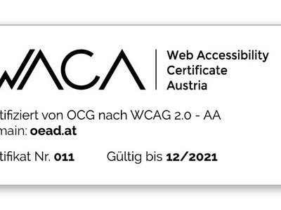 WACA-Zertifikat als Ticket, das die Barrierefreiheit der OeAD-Webseite in der Zertifizierungsstufe Silber bestätigt.