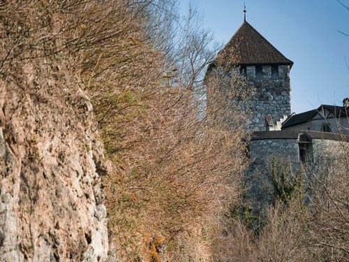 Ruhige Straße die zu einer mittelalterlichen Burg in Liechtenstein führt.