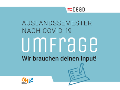 Grafik mit dem Wortlaut "Umfrage. Ausslandssemester nach Covid"