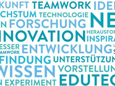 Sujetbild der Innovationsstiftung für Bildung mit zahlreichen Wörtern: Zukunft, Teamwork, Vision, Forschung, Entwicklung, Wissen, Vorstellung, Edutech usw.