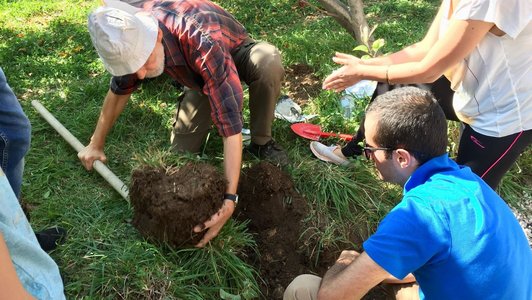 Grop of people looking at a piece of earth which was digged out by a man with shovel in his hands