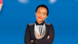 Sonnia Musyoka sitting on a chair in front of a blue background