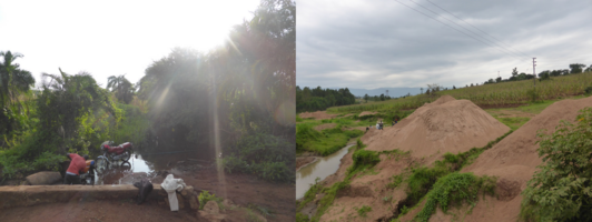 Montage of two pictures: one shows a man with his motor cycle in the river surrounded by trees, ans one shows earthy hills and some men next to the little river