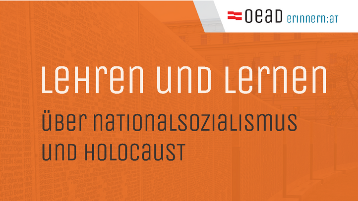 Deckblatt des Imagefolders von ERINNERN:AT. Der Titel lautet "Lehren und Lernen über Nationalsozialismus und Holocaust" auf einem orangenen Hintergrund.