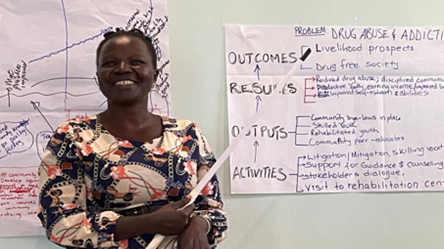 A woman standing in front of a poster