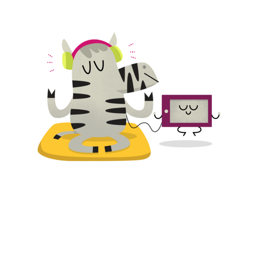 Zebra mit Kopfhörern und Tablet