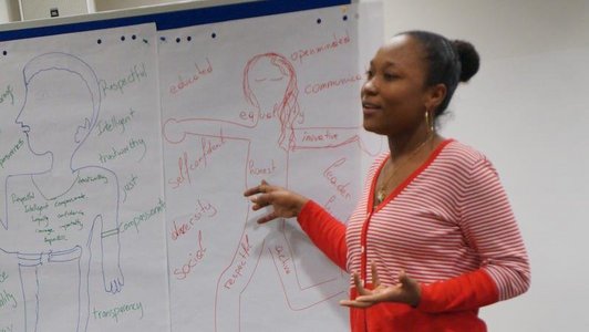 Female presenter pointing to a flip chart poster pinned to a pin board