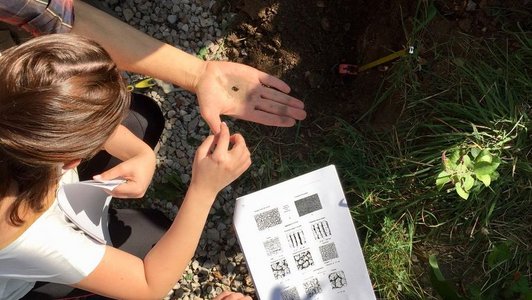 Group of people crouching on the floor and looking at something lying on the hand of one person