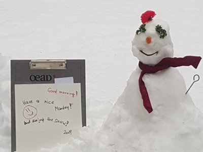 Snowman with scarf and vegetables as eyes and nose standin in snow and in front of a OEAD sign