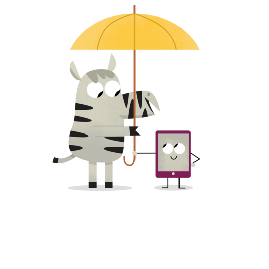 Illustration eines Zebras und eines Handys, wie sie einen Regenschirm gemeinsam halten.