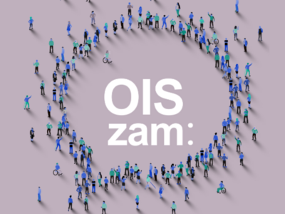 Text "OIS zam" und viele kleine Menschen in Form einer Sprechblase