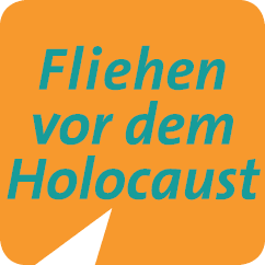 Logo von der Lern-App "Fliehen vor dem Holocaust" mit orangenen Hintergrund und hellblauer Schrift
