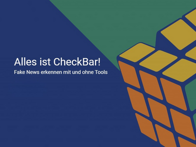 Banner der Plattform "CheckBar" blau/grün mit einem Rubik's Cube