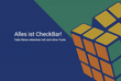 Banner der Plattform "CheckBar" blau/grün mit einem Rubik's Cube