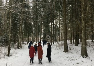 Mehrere Personen spazieren im schneebedeckten Wald