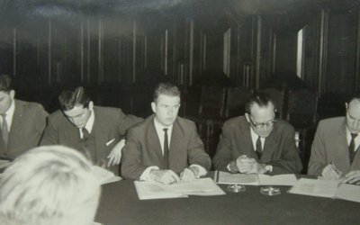 Die Gründungssitzung im Jahr 1961, im Bild die Herren Repa, Mock, Blaickner, Slattenscheck und Kresser. 