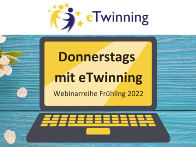 Laptop mit Schriftzug "Donnerstags mit eTwinning"