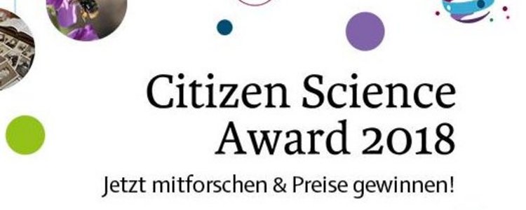 Poster der Veranstaltung Citizen Science Award 2018 mit kleinen Bildern von unterschiedlichen Forschungsprojekten.