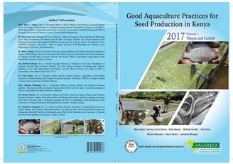 The picture shows a publication or book cover, its title reading "Good Aquaculture Practices for Seed Production in Kenya"
