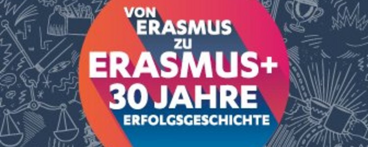 Erasmus+ Sujet anlässlich 30 Jahre Erasmus mit Schriftzug: Von Erasmus zu Erasmus+ 30 Jahre Erfolgsgeschichte