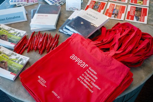 APPEAR Merch (rote Kugelschreiber, Flyer und bedruckte Stofftaschen) auf einem Tisch zur freien Entnahme ausgebreitet
