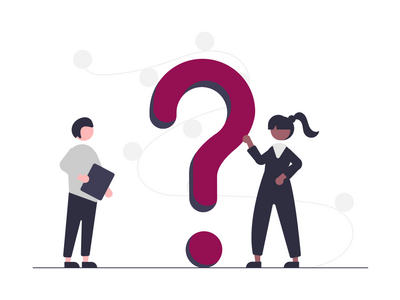 Grafik von zwei Personen mit einem großen Fragezeichen in der Mitte.