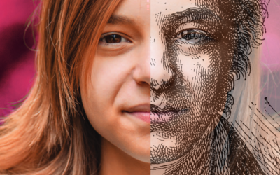 Gesicht mit zwei Hälften zusammengesetzt aus Foto eines Kindes und Zeichnung von Andre Ampere