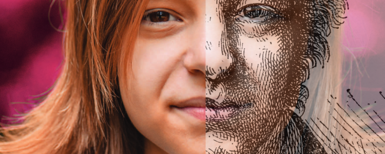 Gesicht mit zwei Hälften zusammengesetzt aus Foto eines Kindes und Zeichnung von Andre Ampere