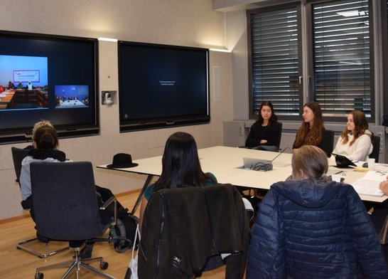Project team in Austria in front of big screens in a room, connected to Palestinian team virtually