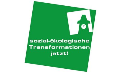 Grünes Logo mit Grazer Uhrturm und Schriftzug "Sozial-ökologische Transformationen und zwar jetzt!"