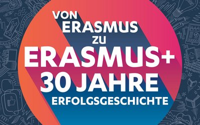 Logo mit Text "Von Erasmus zu Erasmus+ 30 Jahre Erfolgsgeschichte"