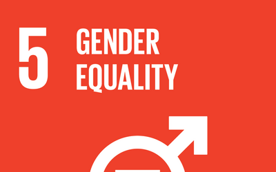 SDG 5 icon with white lettering and gender symbols on red background