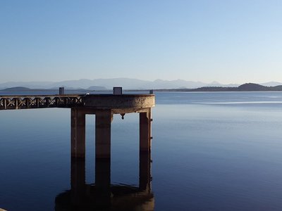 Part of a power plant, showing the vast amouns of freshwater in a lake