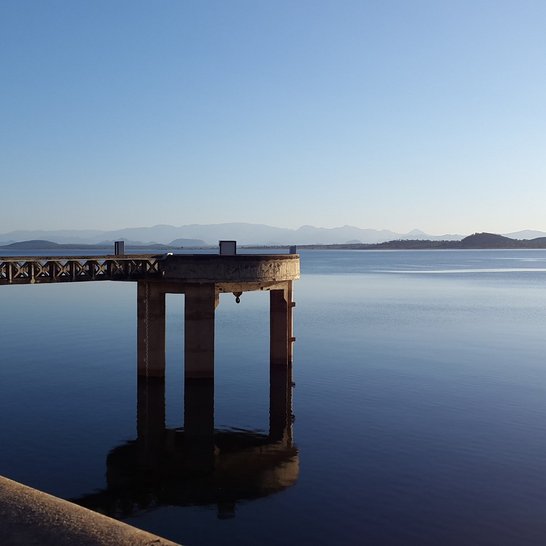 Part of a power plant, showing the vast amouns of freshwater in a lake