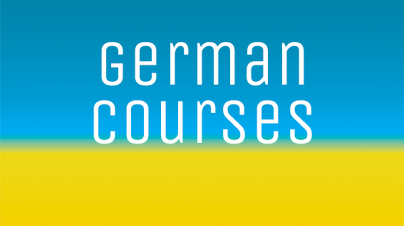 Hintergrund blau gelb mit Text German courses