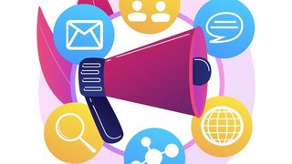 Grafik mit einem Megafon in der Mitte und rundherum Symbole für E-Mail, Internet, Lupe, Gespäch etc.