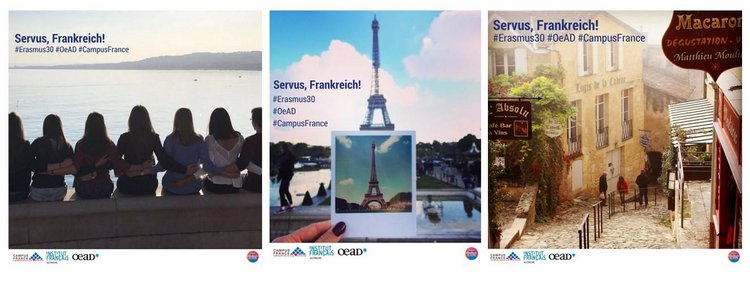 Die drei Gewinnerfotos des Servus-Frankreich-Wettbewerbs in ein Bild zusammengefasst. 1. Foto: ein paar Personen vor dem Meer. 2. Foto: Eiffelturm, 3. Foto: Hausfassade und Straße
