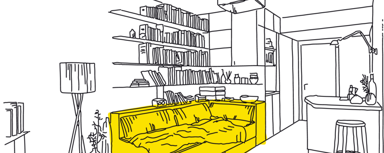 Illustration of a student room with a bed and a bookshelf