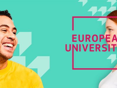 Grafik mit einem lachenden Mann und einer Frau und dem Schriftzug "European Universities"