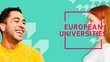 Grafik mit einem lachenden Mann und einer Frau und dem Schriftzug "European Universities"