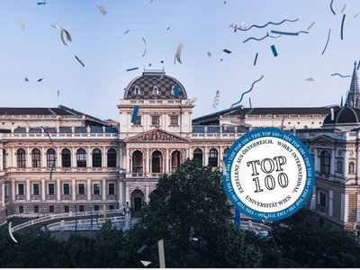Foto des Hauptgebäudes der Universität Wien mit Konfetti und einem Badge mit der Aufschrift "Top 100"