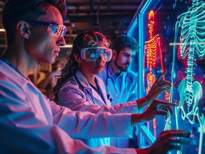 mehrere Menschen in Labormänteln betrachten menschliche Skelette auf einer Wand.