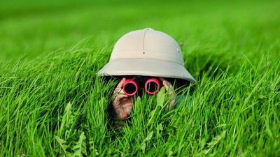 Kind mit Fernrohr und Hut im Gras