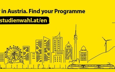 Das gelbe Lesezeichen "Studienwahl" zeigt die Skyline von Wien und den Wortlaut www.studienwahl.at