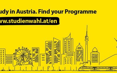 The yellow bookmark "Studienwahl" shows the skyline of Vienna and the wording www.studienwahl.at